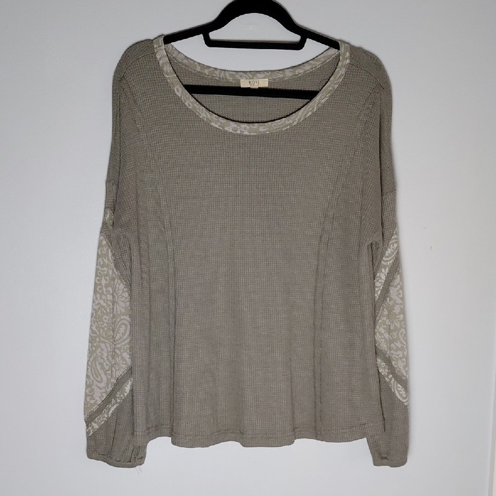 Kori America Sage Green Waffle Knit Blouse Shirt Long Sleeve Burnout Patchwork